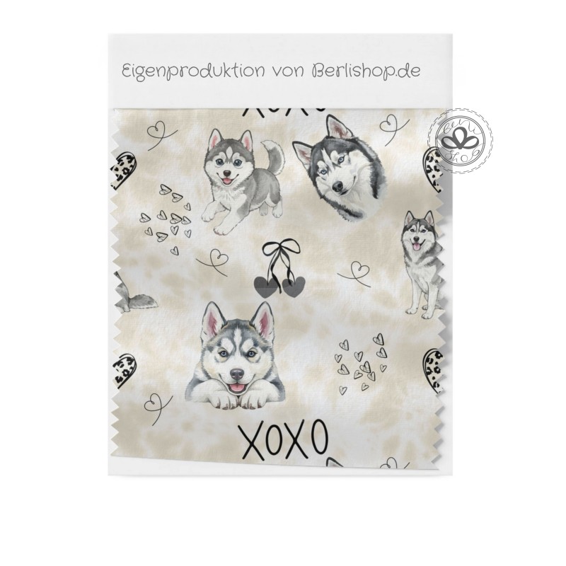 Pre - Order Husky Hunde XOXO mit Herzen Beige/Grau - Stoffdesign von Berlishop - 10 Stoffe zu Auswahl – Meterware