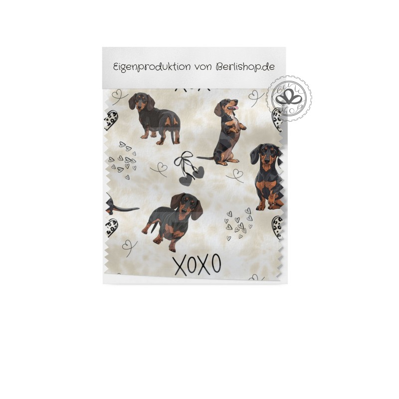 Pre- Order Brauner Dackel Hunde XOXO mit Herzen Beige/Braun - Stoffdesign von Berlishop - 10 Stoffe zu Auswahl – Kinderstoff Met
