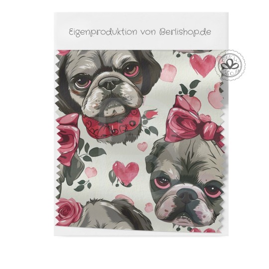 Pre-Order Mops Rosen Grau Rot – Stoffdesign von Berlishop mit Stoffauswahl – Hunde Kinderstoff