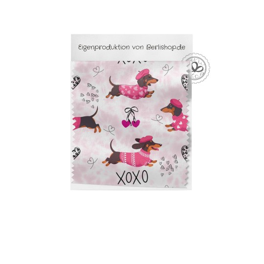 Pre-Order Hunde Dackel Stoff XOXO Rosa mit Herzen - Stoffdesign von Berlishop - 10 Stoffe zu Auswahl – Kinderstoff Meterware