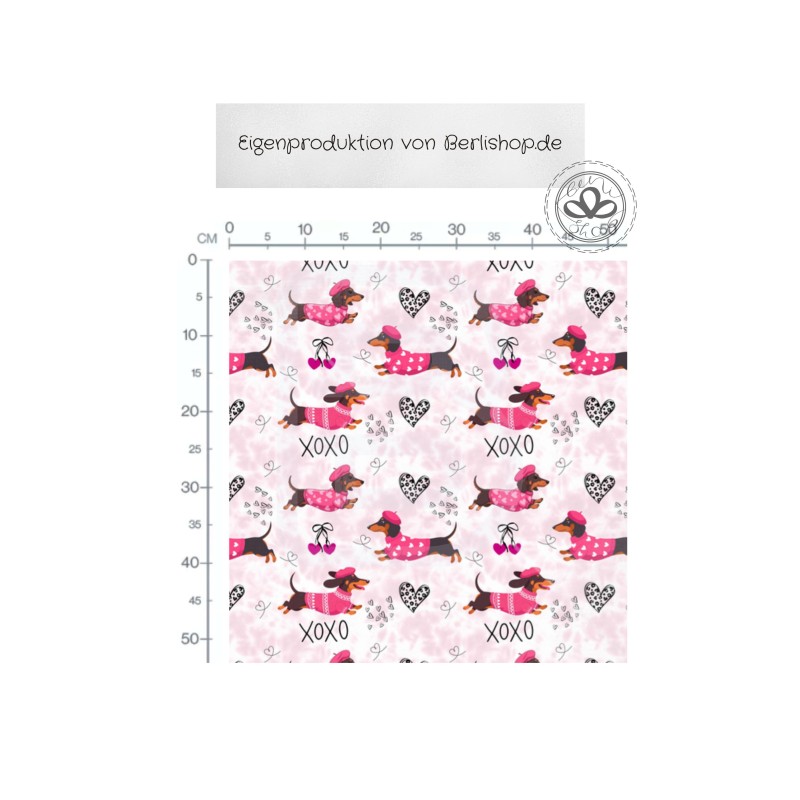 Pre-Order Dackel Stoff XOXO Rosa mit Herzen - Stoffdesign mit Stoffauswahl – Hunde Kinderstoff