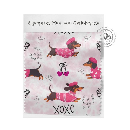 Baumwolle Canvas Dackel Stoff – XOXO Rosa Herzen Muster – 153 g/m² – Meterware 160 cm – Eigenproduktion
