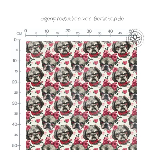 Vorbestellung –Hunde Stoff – süßer Mops mit Herzen – romantisches Design – wählbar in 10 Stoffarten