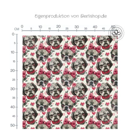 Designer Stoff Vorbestellung Mops mit Herzen Rosa – Hunde Stoff Meterware Eigenproduktion
