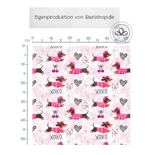 Baumwolle Canvas Dackel Stoff – XOXO Rosa Herzen Muster – 153 g/m² – Meterware 160 cm – Eigenproduktion