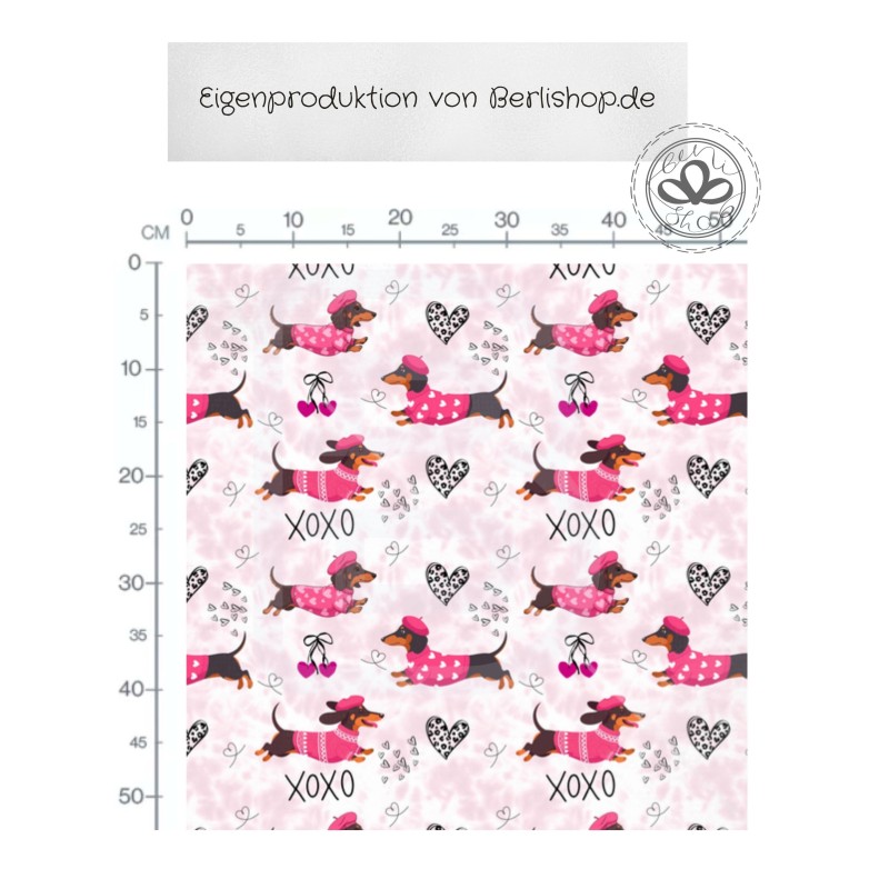 Baumwolle Canvas Dackel Stoff – XOXO Rosa Herzen Muster – 153 g/m² – Meterware 160 cm – Eigenproduktion