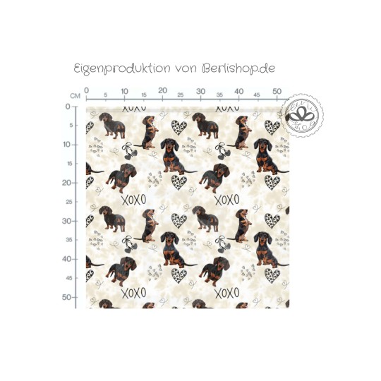 Baumwolle Canvas XOXO Dackel Hunde Muster Beige Schwarz Braun – 153 g/m² – Meterware 160 cm – Eigenproduktion