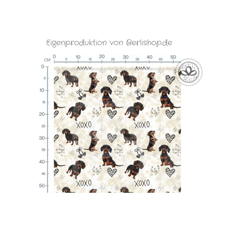 Baumwolle Canvas Dackel Stoff – Dackel Hunde Muster Beige Schwarz Braun – 153 g/m² – Meterware 160 cm – Eigenproduktion