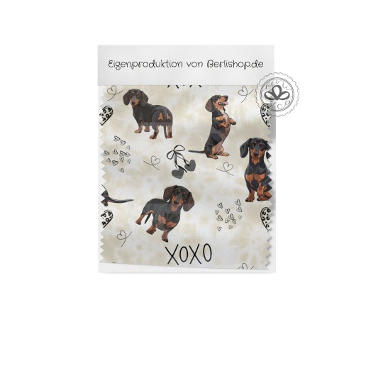 Baumwolle Canvas XOXO Dackel Hunde Muster Beige Schwarz Braun – 153 g/m² – Meterware 160 cm – Eigenproduktion