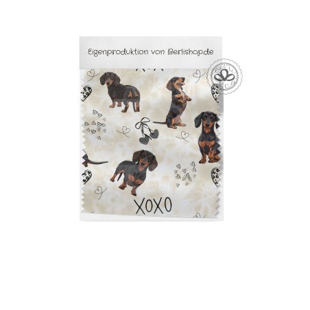 Baumwolle Canvas XOXO Dackel Hunde Muster Beige Schwarz Braun – 153 g/m² – Meterware 160 cm – Eigenproduktion