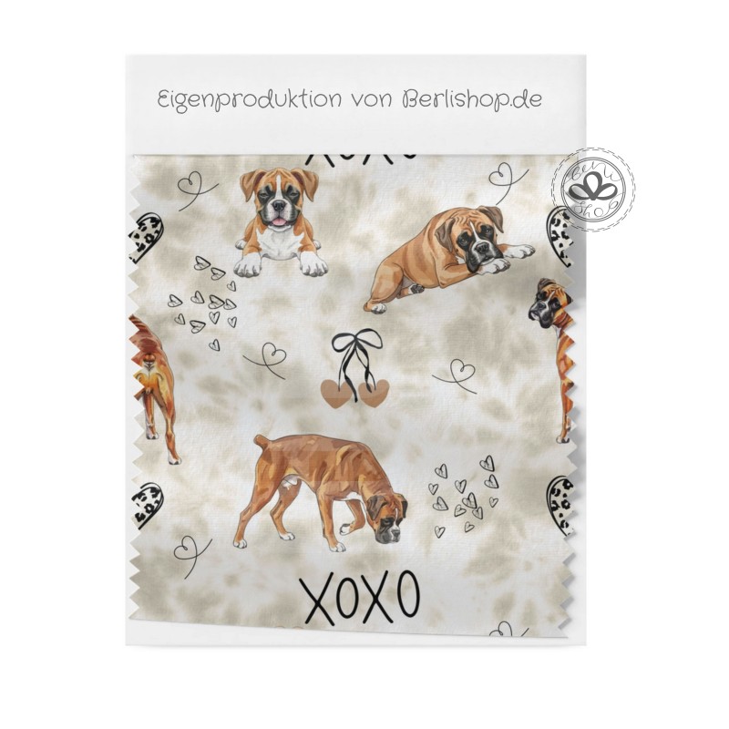 Baumwolle Canvas Hunde Stoff – XOXO Boxer Hunde Muster Beige Schwarz Braun – 153 g/m² – Meterware 160 cm – Eigenproduktion