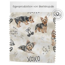 Baumwolle Canvas Hunde Stoff – XOXO Yorkshire Terrier Hunde Muster Beige Schwarz Braun – 153 g/m² – Meterware 160 cm