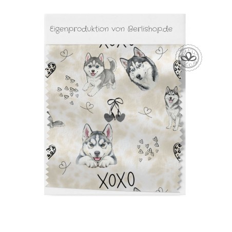 Baumwolle Canvas Hunde Stoff – XOXO  Siberian Husky Hunde Muster Beige Schwarz Grau – 153 g/m² – Meterware